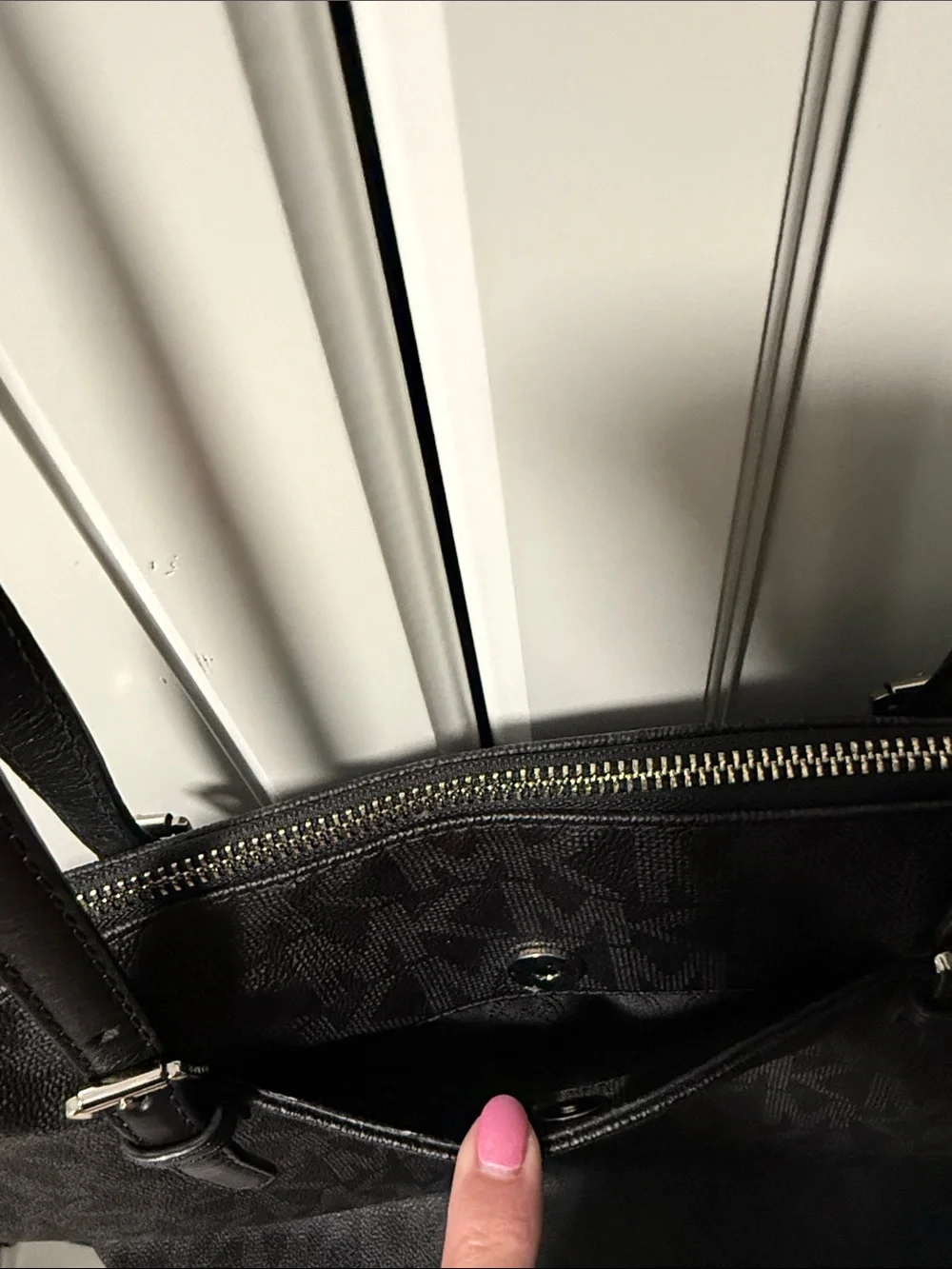 Michael Kors Black Logo Tote Bag- signature MK print; silver hardware